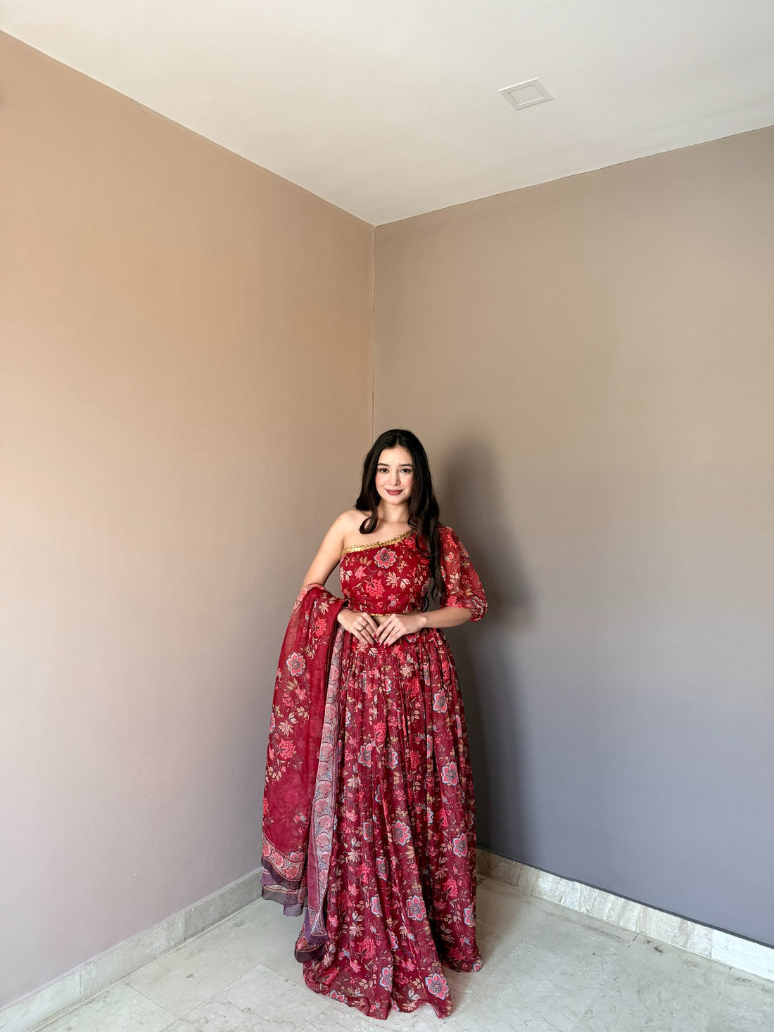 Red Floral Organza Lehenga Set with One Shoulder Blouse for Women