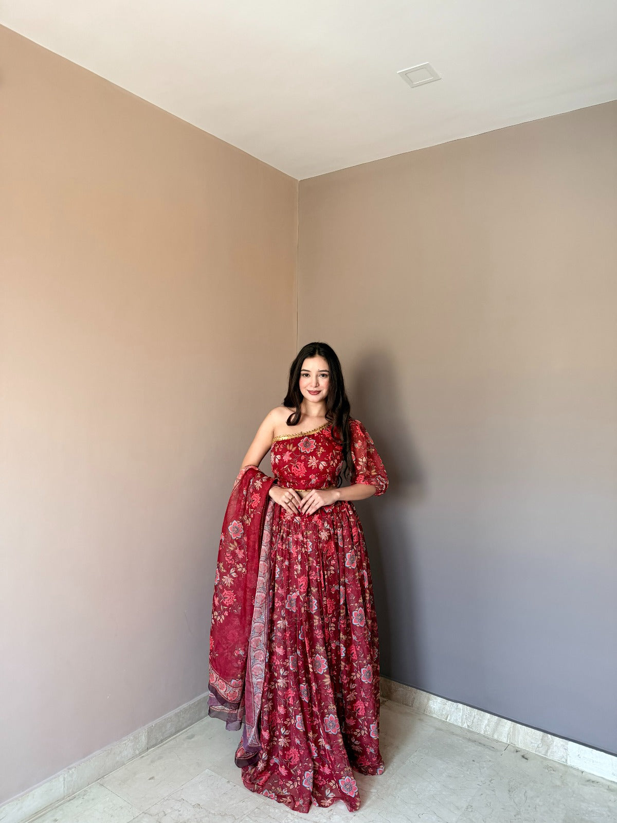 Red Floral Organza Lehenga Set with One Shoulder Blouse for Women