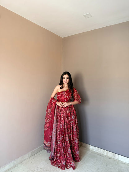 Red Floral Organza Lehenga Set with One Shoulder Blouse for Women