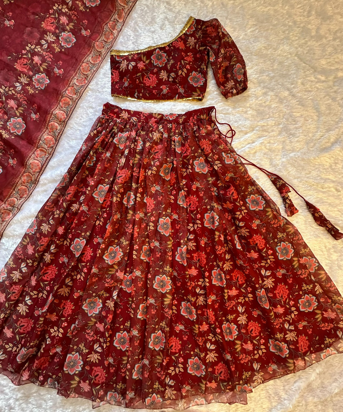 Red Floral Organza Lehenga Set with One Shoulder Blouse for Women