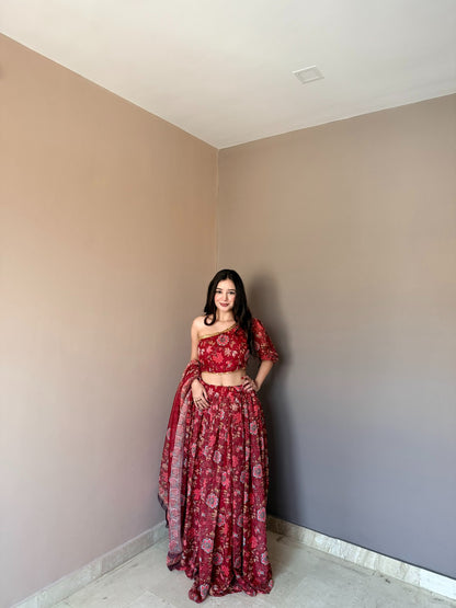 Red Floral Organza Lehenga Set with One Shoulder Blouse for Women