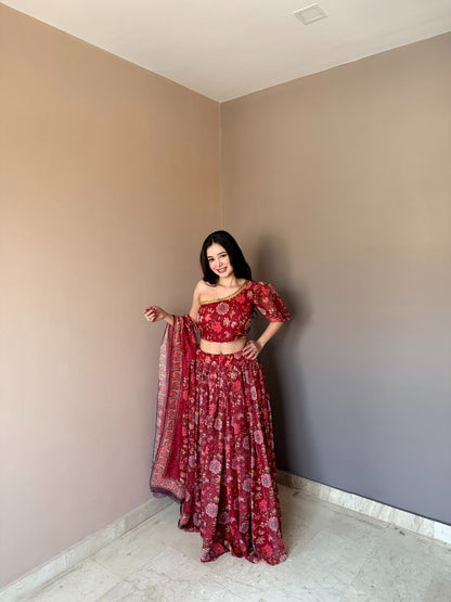 Red Floral Organza Lehenga Set with One Shoulder Blouse for Women