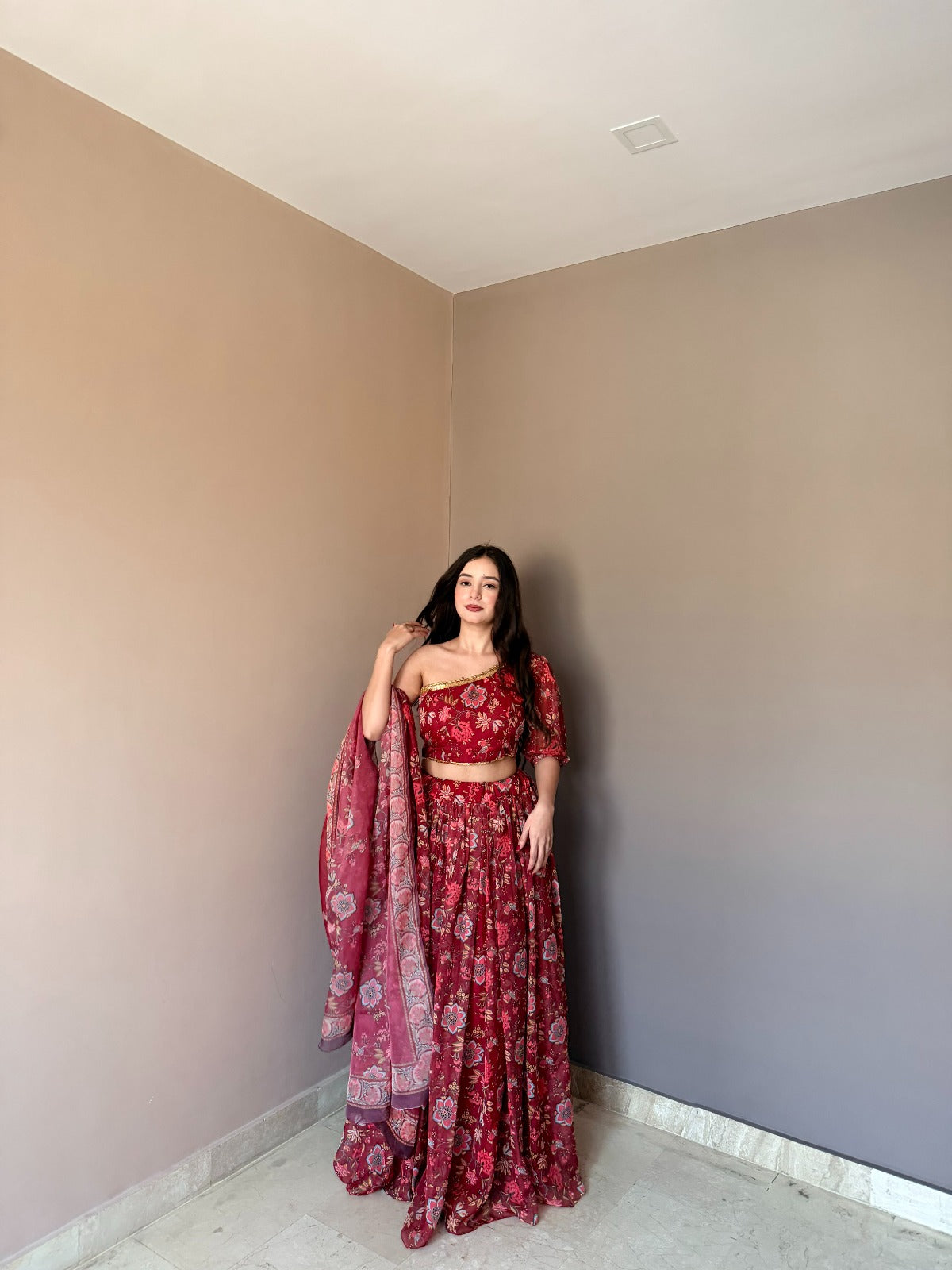 Red Floral Organza Lehenga Set with One Shoulder Blouse for Women