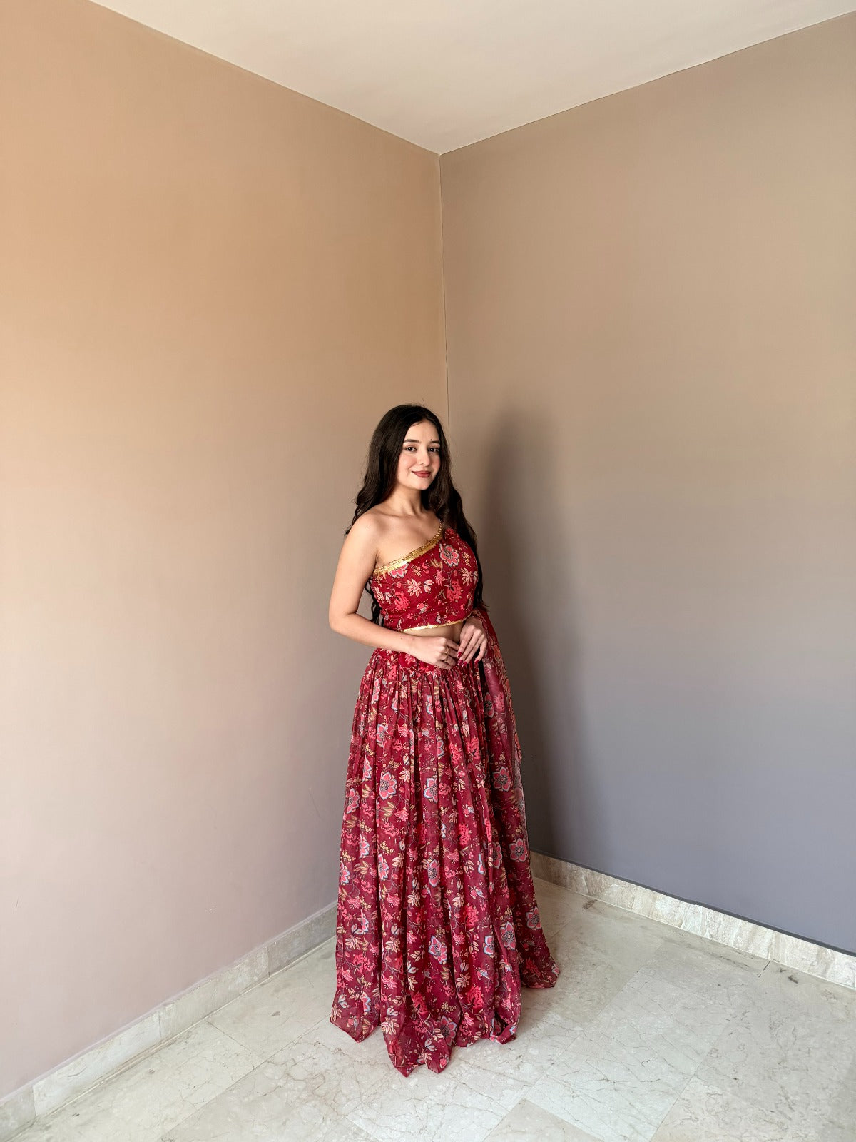 Red Floral Organza Lehenga Set with One Shoulder Blouse for Women
