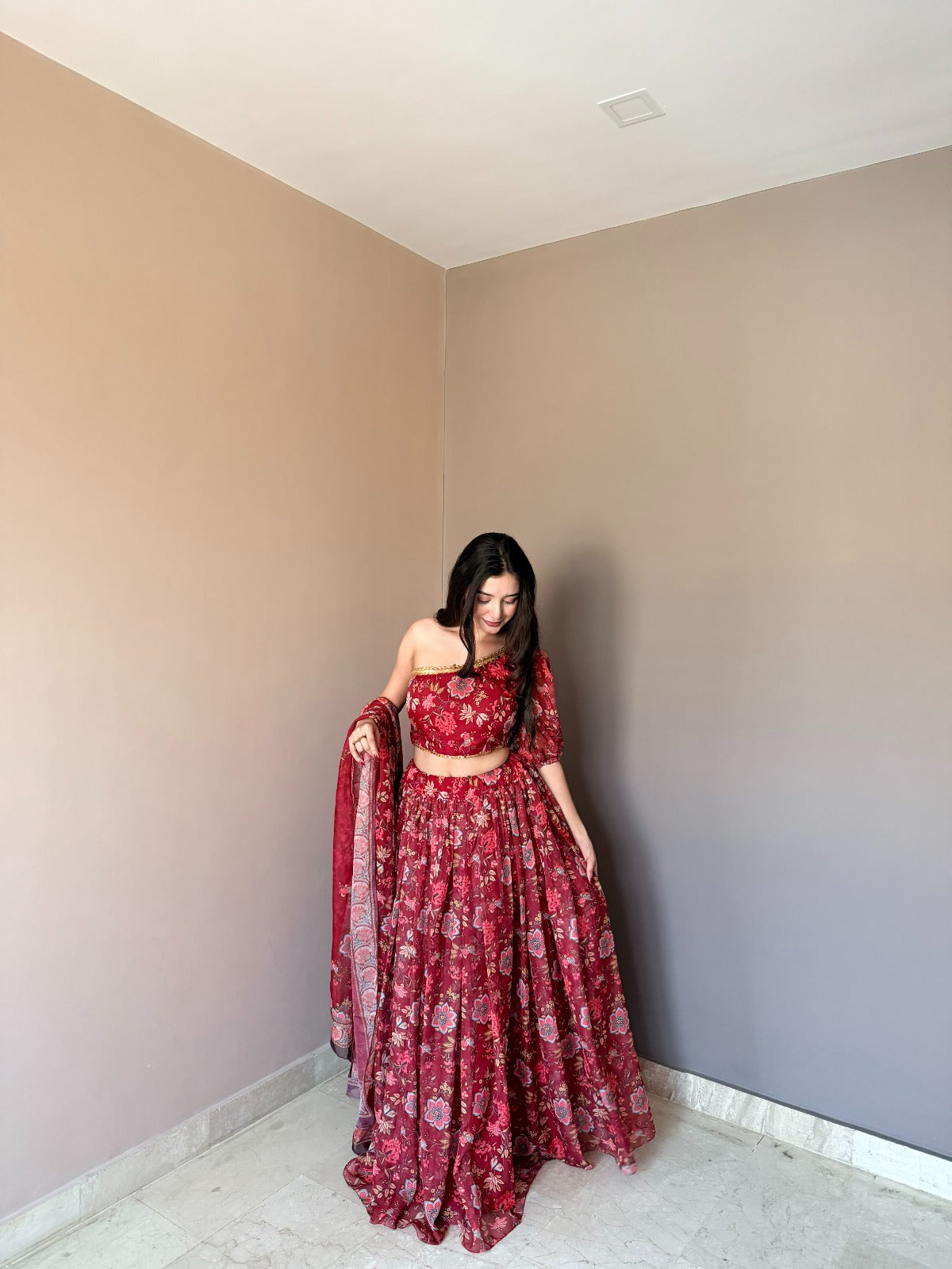 Red Floral Organza Lehenga Set with One Shoulder Blouse for Women