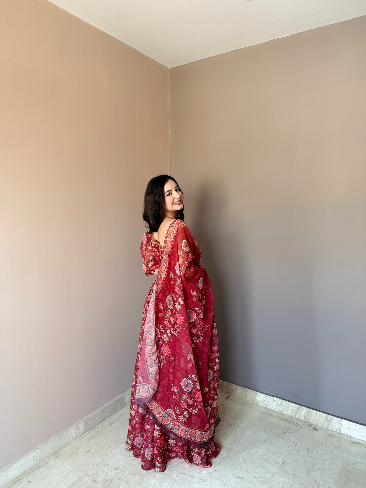 Red Floral Organza Lehenga Set with One Shoulder Blouse for Women