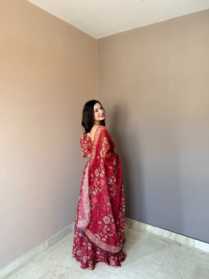 Red Floral Organza Lehenga Set with One Shoulder Blouse for Women
