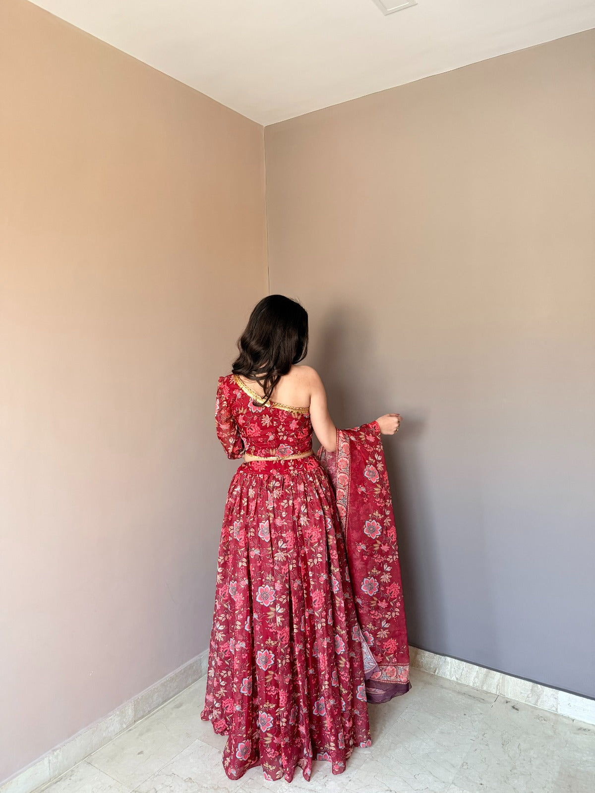 Red Floral Organza Lehenga Set with One Shoulder Blouse for Women