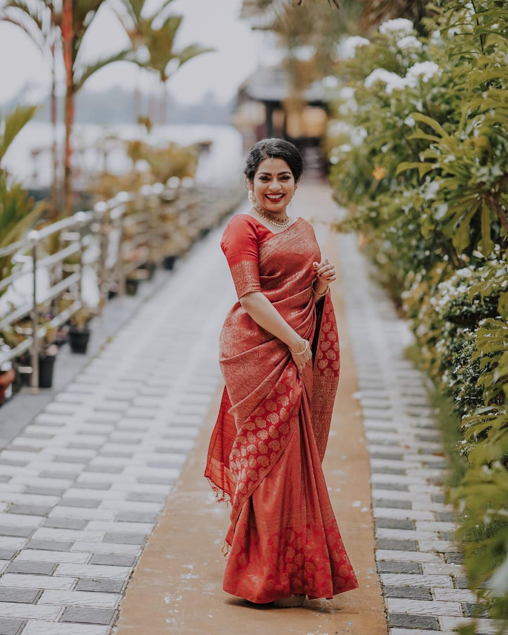 Red Lichi Silk Saree with Rich Golden Jacquard Work for Women
