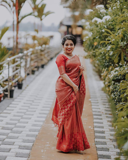 Red Lichi Silk Saree with Rich Golden Jacquard Work for Women