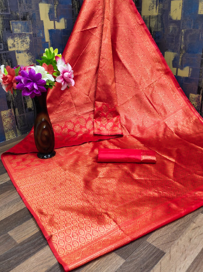 Red Lichi Silk Saree with Rich Golden Jacquard Work for Women