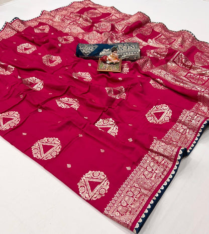 Premium Red Maslin Silk Saree with Gold Zari Work for Women