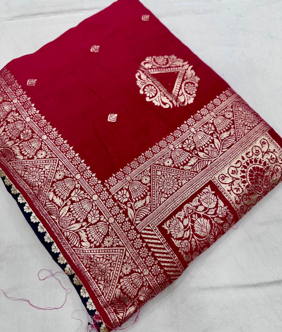 Premium Red Maslin Silk Saree with Gold Zari Work for Women