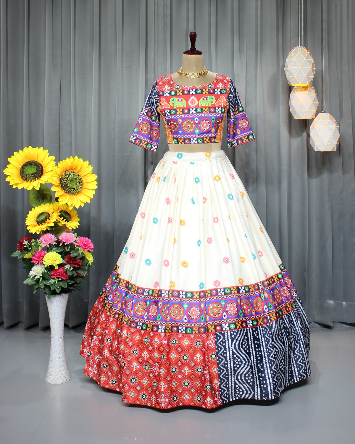 Red Multicolor Butter Silk Mirror Work Lehenga Set for Women