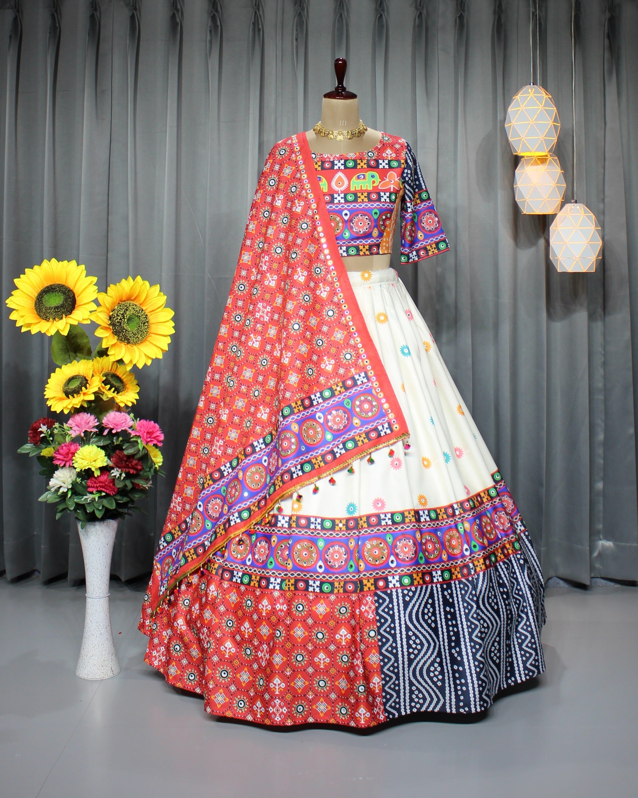 Red Multicolor Butter Silk Mirror Work Lehenga Set