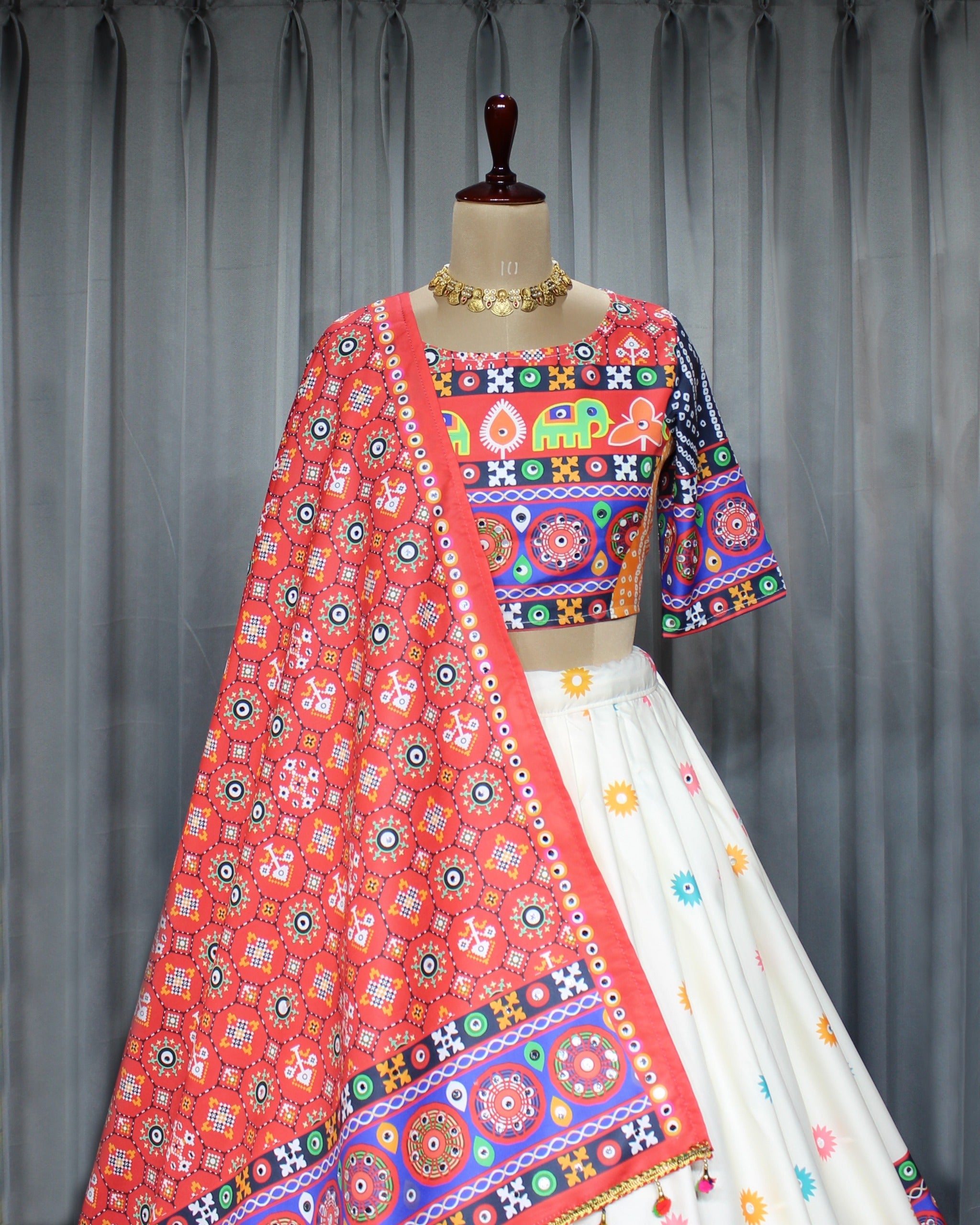 Red Multicolor Butter Silk Mirror Work Lehenga Set