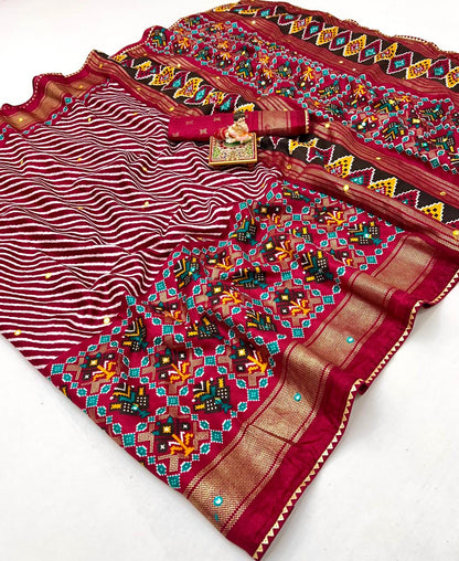 Red Patola Border Pashmina Silk Saree With Printed Pallu for Women