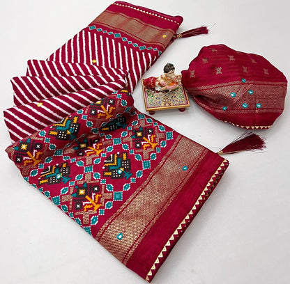 Red Patola Border Pashmina Silk Saree With Printed Pallu for Women