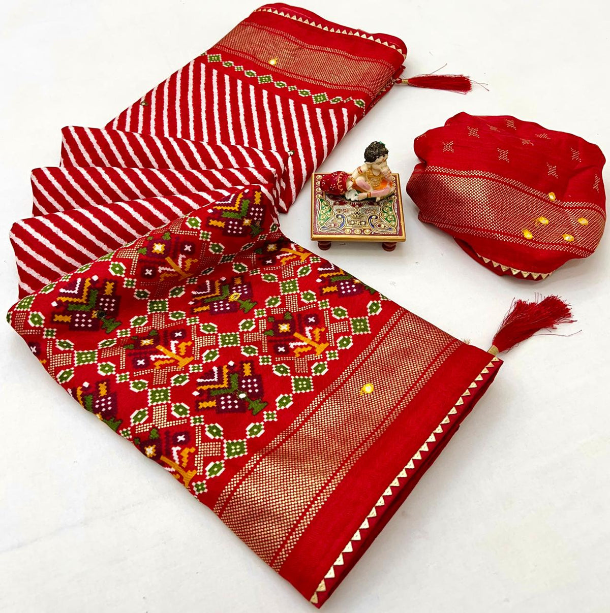 Classic Red Patola Print Pashmina Silk Saree With Mirror for Women
