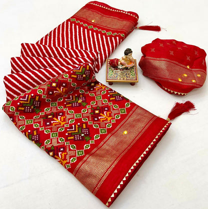 Classic Red Patola Print Pashmina Silk Saree With Mirror for Women