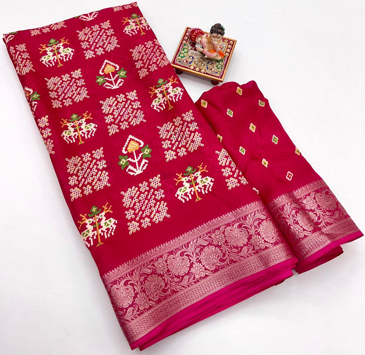 Red Printed Moss Georgette Saree With Zari Border for Women
