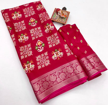 Red Printed Moss Georgette Saree With Zari Border for Women