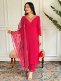 Red Embroidered Rayon Kurta Set with Silk Printed Dupatta