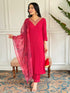 Red Embroidered Rayon Kurta Set with Silk Printed Dupatta for Women