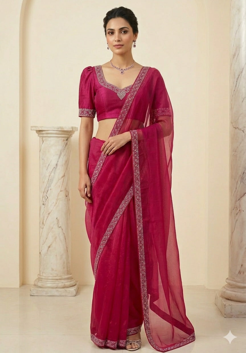 Graceful Ruby Red Saree with Zarkan Work Border Design for Women