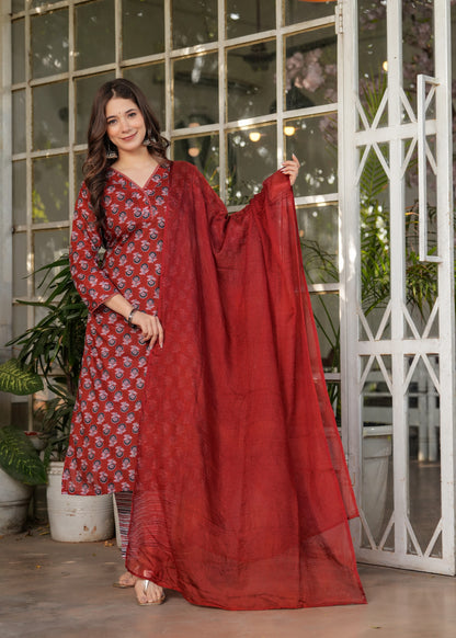 Red Silk Blend Floral Straight Suit with Dupatta for Women