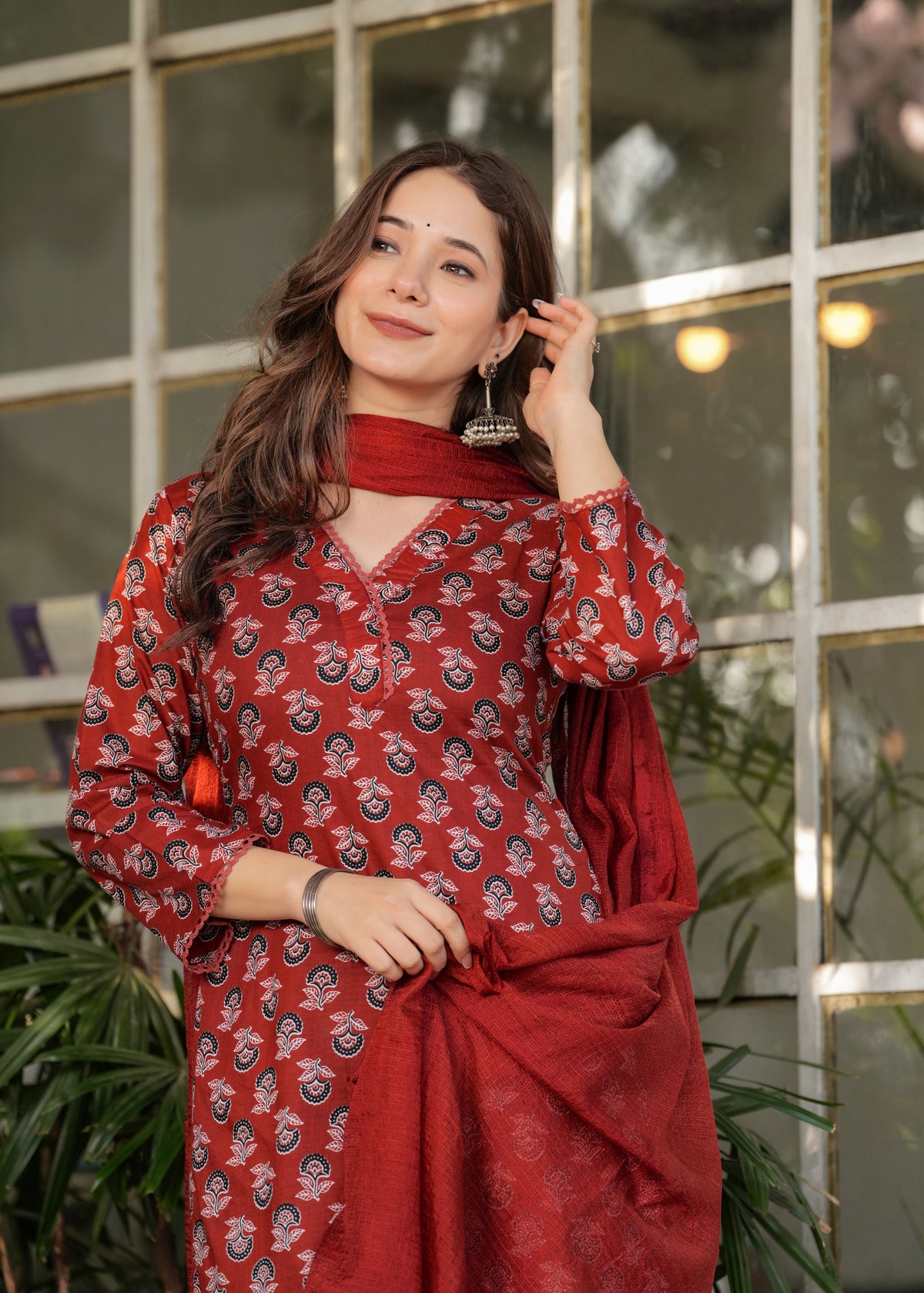 Red Silk Blend Floral Straight Suit with Dupatta for Women