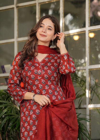 Red Silk Blend Floral Straight Suit with Dupatta for Women
