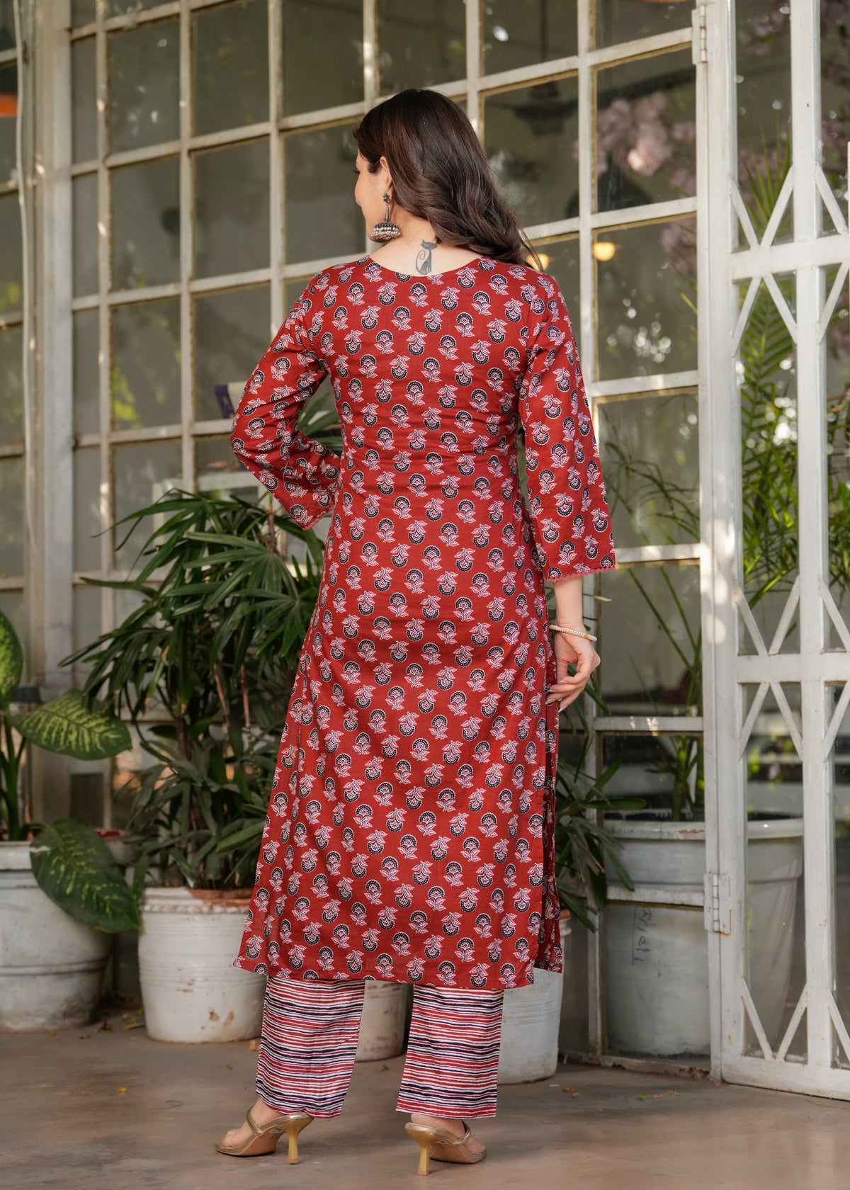 Red Silk Blend Floral Straight Suit with Dupatta for Women