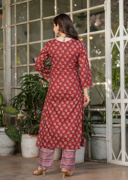 Red Silk Blend Floral Straight Suit with Dupatta for Women