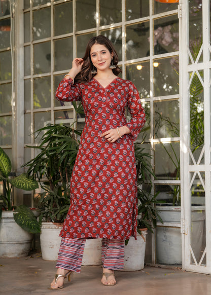Red Silk Blend Floral Straight Suit with Dupatta for Women