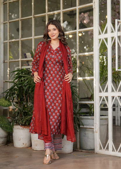 Red Silk Blend Floral Straight Suit with Dupatta for Women