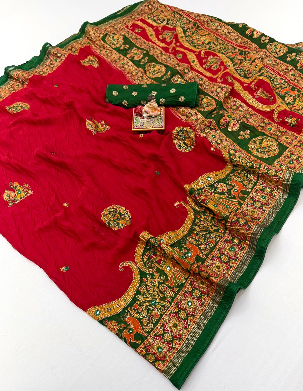 Red Printed Georgette Silk Saree with Foil Mirror Work for Women