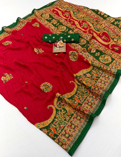 Red Printed Georgette Silk Saree with Foil Mirror Work for Women