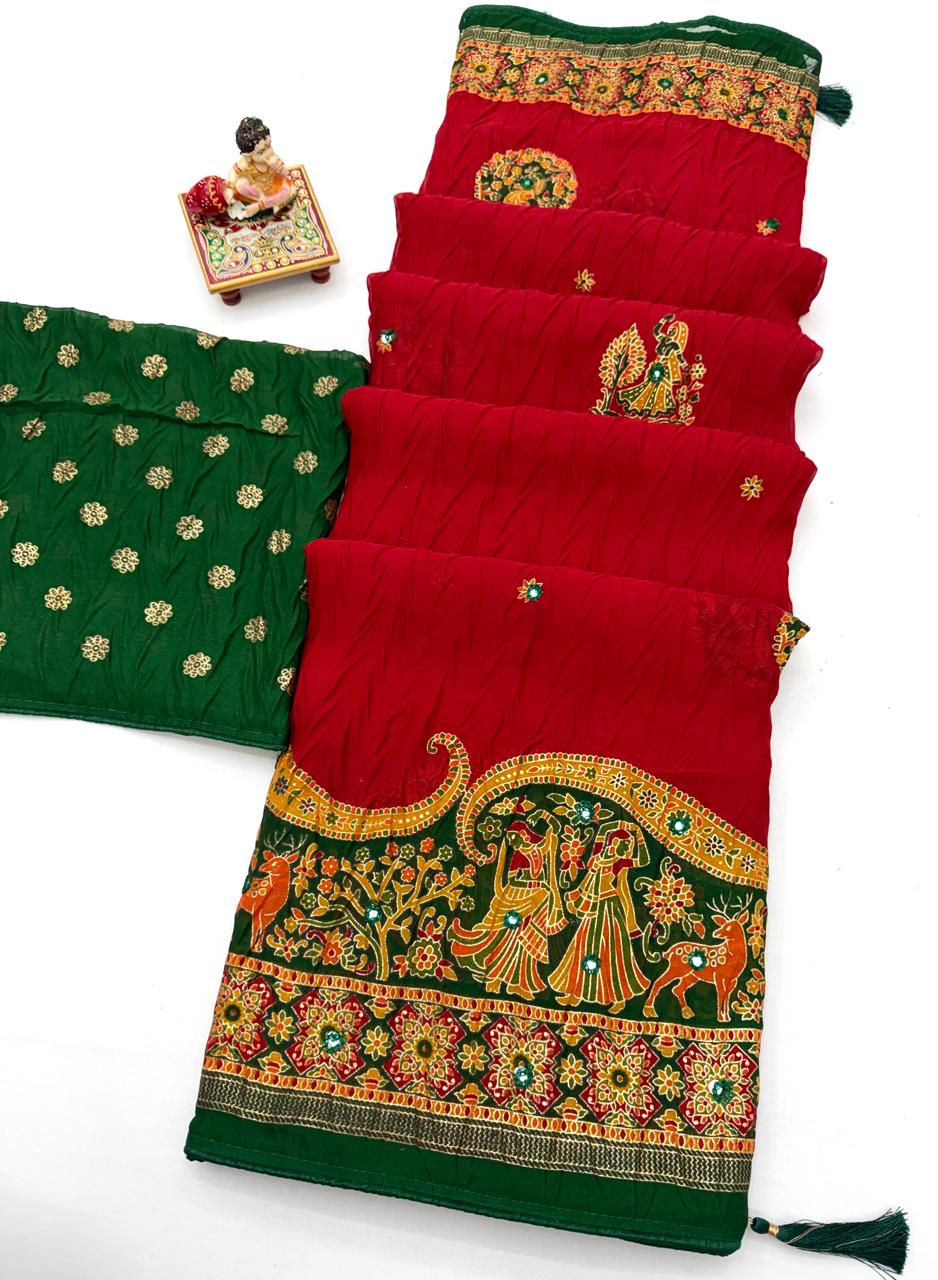 Red Printed Georgette Silk Saree with Foil Mirror Work for Women
