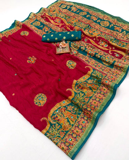 Traditional Red Crush Georgette Silk Saree With Tassel Pallu