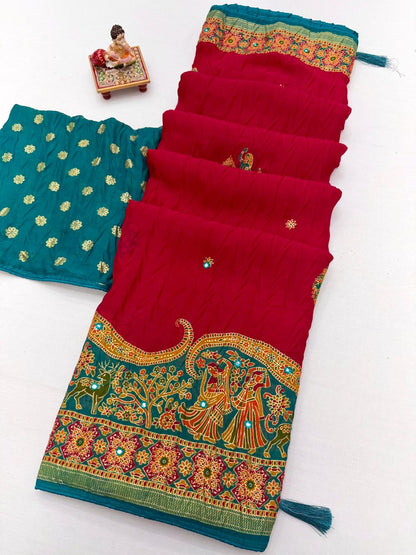Traditional Red Crush Georgette Silk Saree With Tassel Pallu