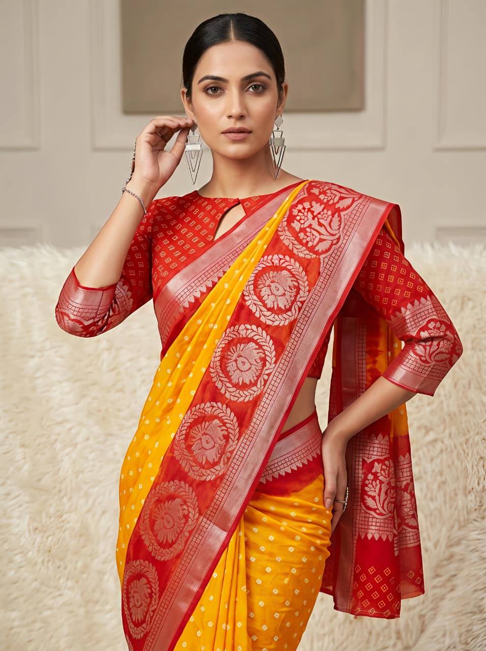 Red Yellow Elegance Leheriya Saree for Women