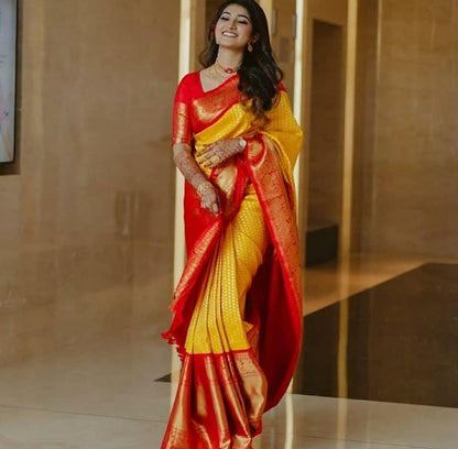 Red Yellow Soft Lichi Silk Saree with Rich Pallu &amp; Jacquard Border