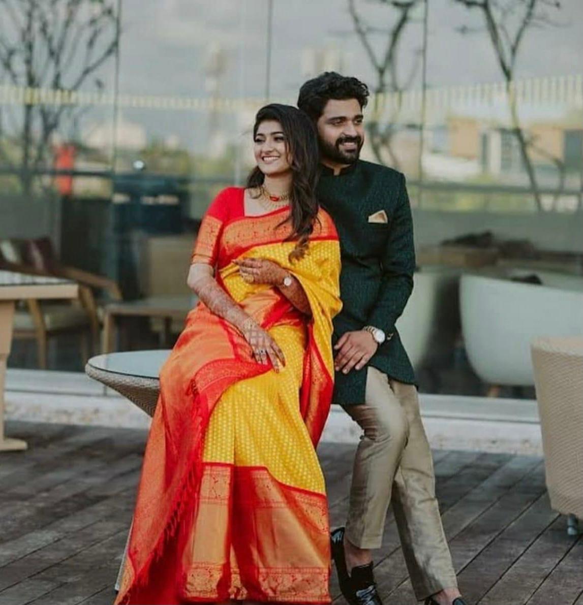 Red Yellow Soft Lichi Silk Saree with Rich Pallu &amp; Jacquard Border