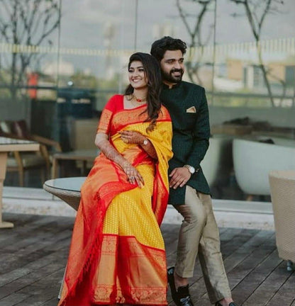 Red Yellow Soft Lichi Silk Saree with Rich Pallu &amp; Jacquard Border