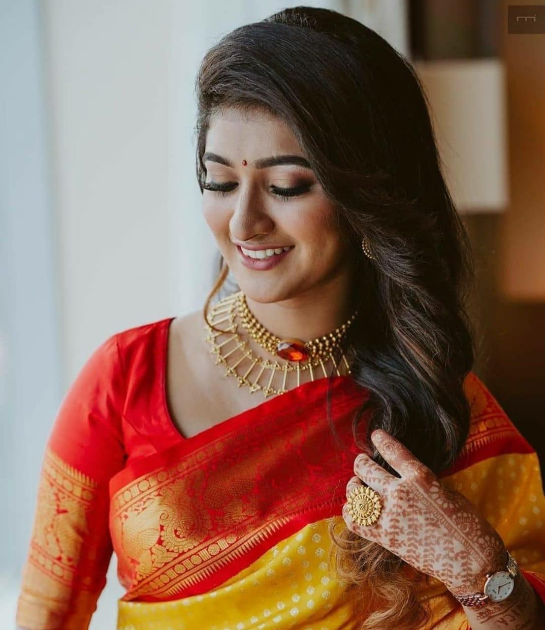 Red Yellow Soft Lichi Silk Saree with Rich Pallu &amp; Jacquard Border