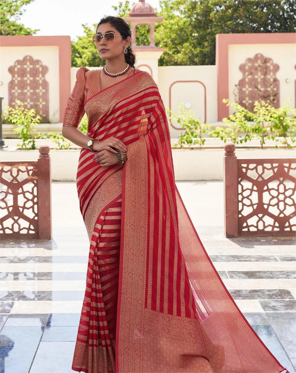 Red Zari Banarasi Lichi Silk Saree With Blouse Piece for Women