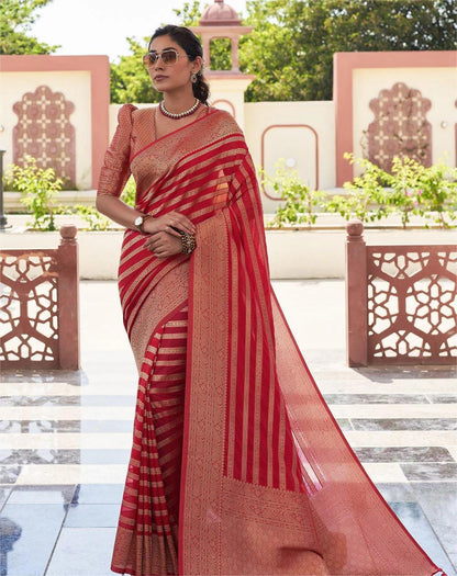 Red Zari Banarasi Lichi Silk Saree With Blouse Piece for Women