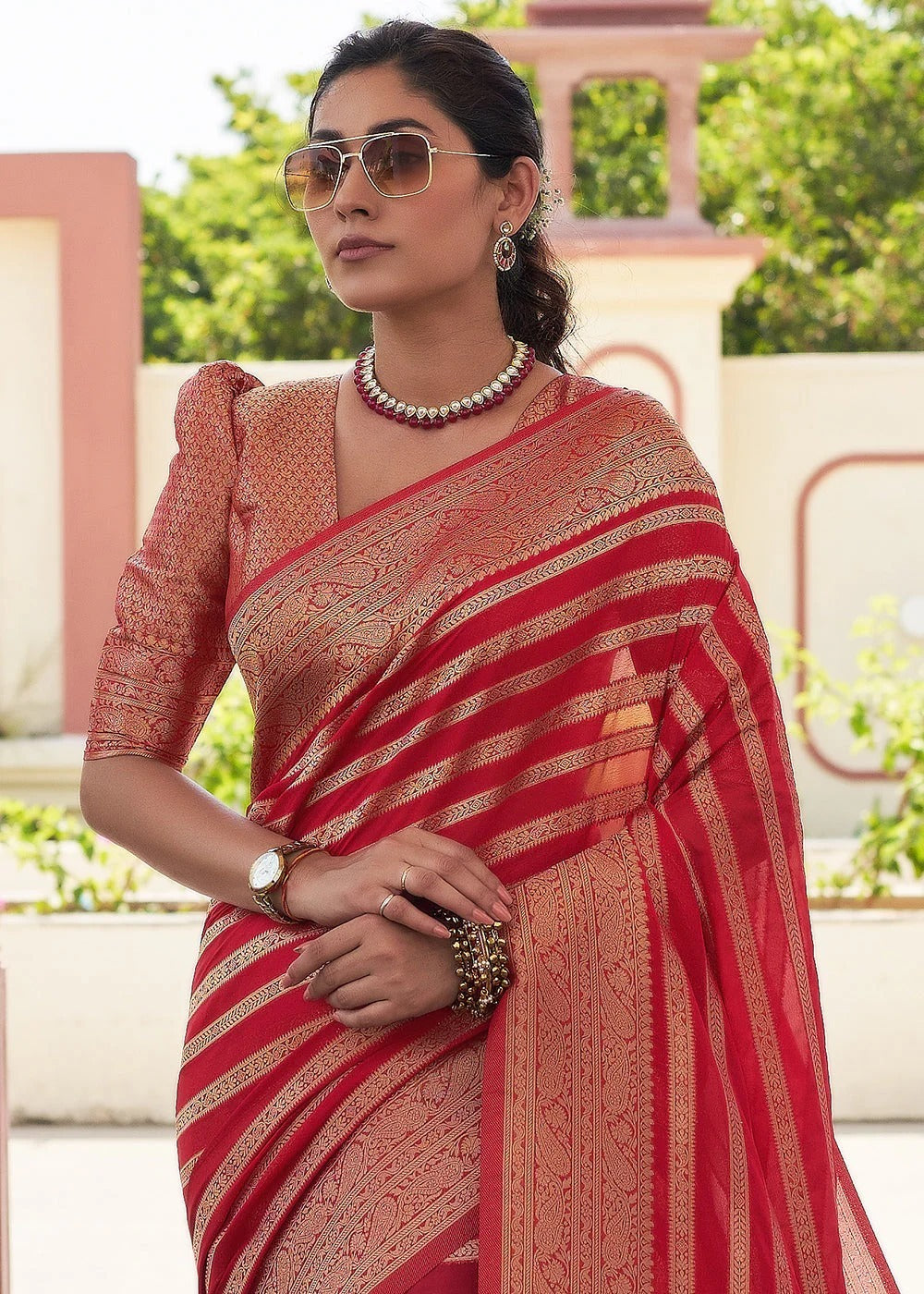 Red Zari Banarasi Lichi Silk Saree With Blouse Piece for Women