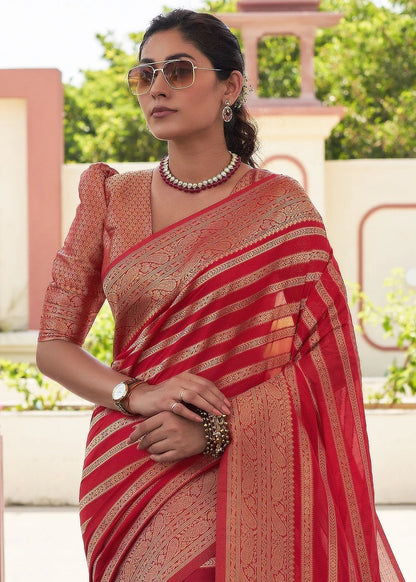 Red Zari Banarasi Lichi Silk Saree With Blouse Piece for Women